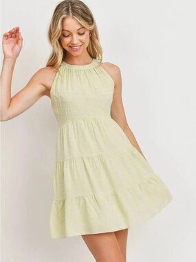Paper Crane Light Green/ Lime  Halter Tiered Mini Dress Women’s Size S